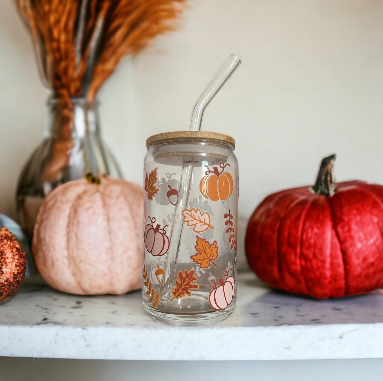 Fall Leaves and Pumpkin Glass Cup