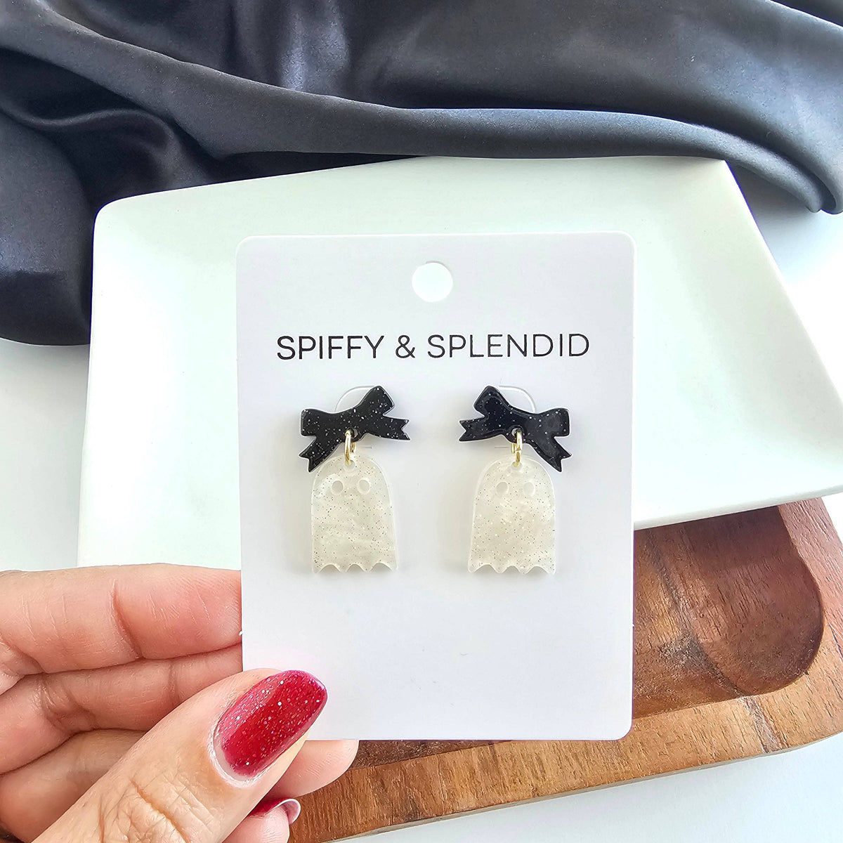 Mini Bow Ghost Earrings - White Shimmer