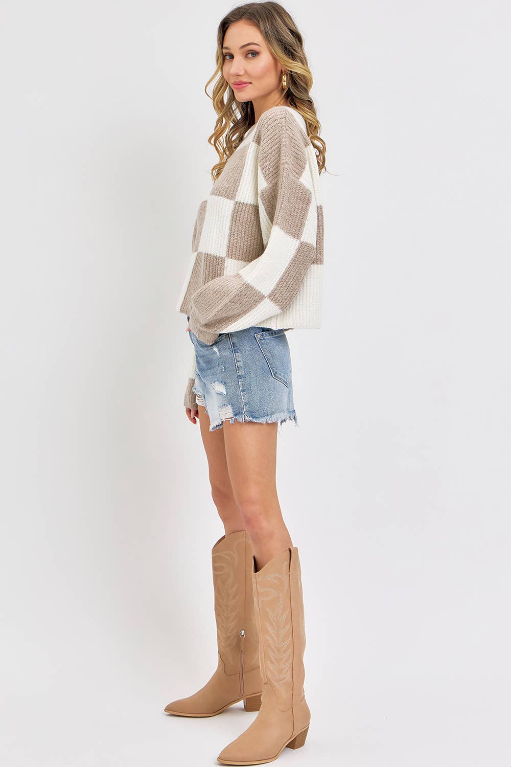 CASUAL SOFT COZY RELAXED FIT CHECKER KNIT SWEATER