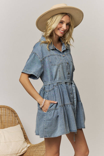 DENIM TIERED SHIRT DRESS WITH TIE WAIST