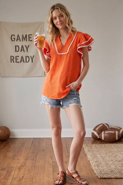 Ruffle Sleeve Scallop Trim Orange Top