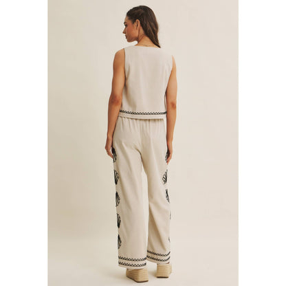 QUIET LUXURY COASTAL SEASHELL EMBROIDERED WIDE-LEG PANTS