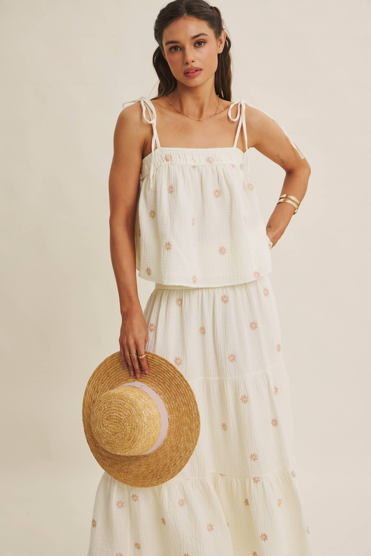 SUNSET FIELD EMBROIDERED COTTON GAUZE TANK WITH TIE STRAPS