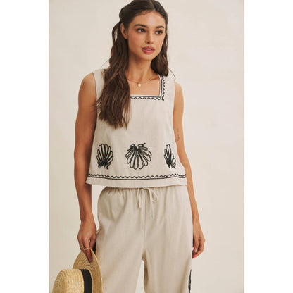 QUIET LUXURY COASTAL SEASHELL EMBROIDERED WIDE-LEG PANTS
