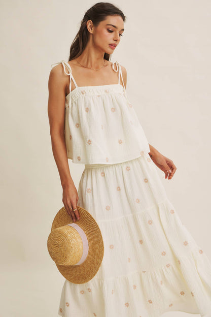 SUNSET FIELD EMBROIDERED COTTON GAUZE SMOCKED MIDI SKIRTS