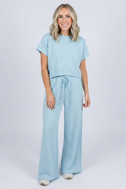 Blue Soft Color Tee & Wide Leg Pants 2pcs Set