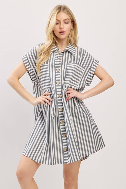 COTTON STRIPED BUTTON DOWN TUNIC DRESS