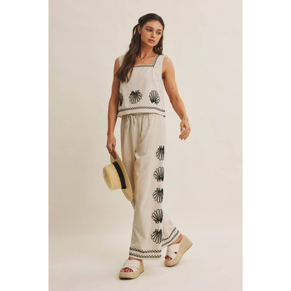 QUIET LUXURY COASTAL SEASHELL EMBROIDERED WIDE-LEG PANTS
