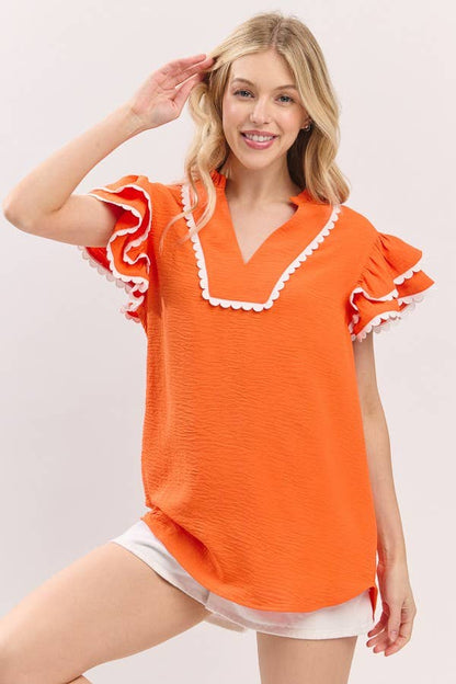 Ruffle Sleeve Scallop Trim Orange Top
