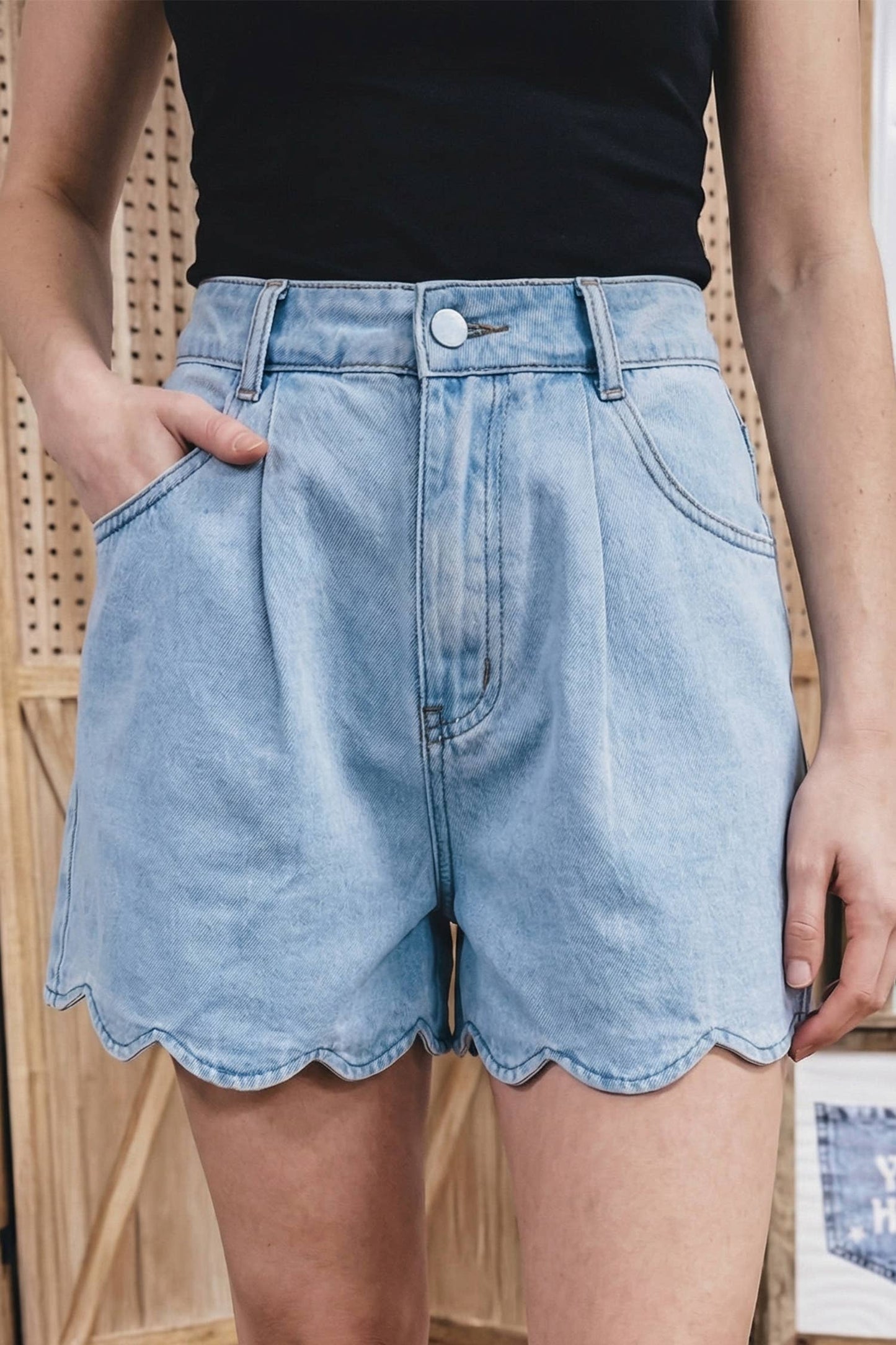 Western Summer Scalloped Trim High Waist Denim Shorts