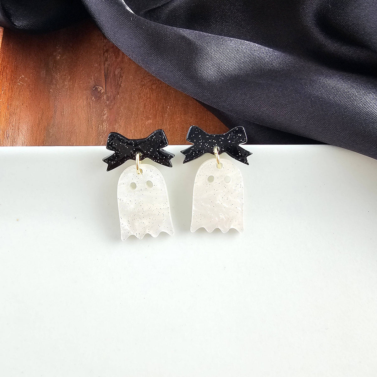 Mini Bow Ghost Earrings - White Shimmer