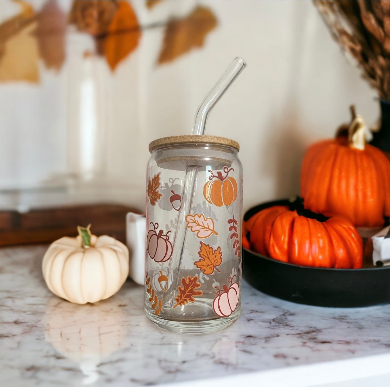 Fall Leaves and Pumpkin Glass Cup