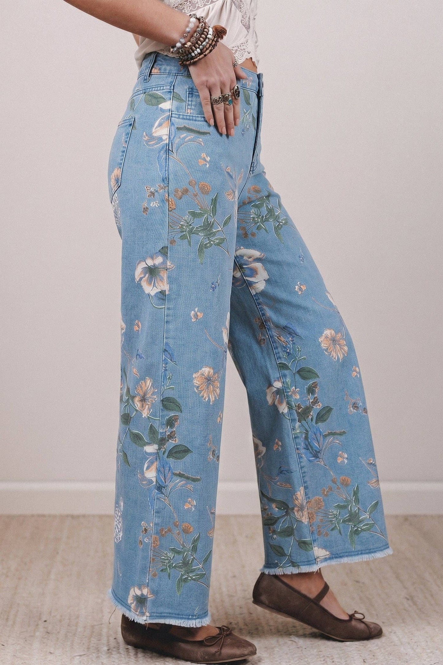 Retro Floral Print Frayed Hem Shift Jeans Boho Denim Pants