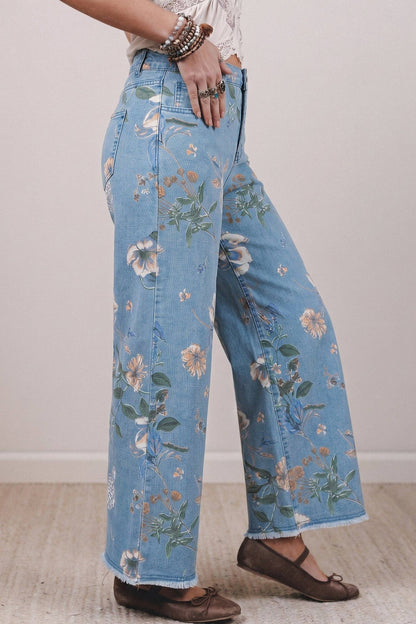 Retro Floral Print Frayed Hem Shift Jeans Boho Denim Pants