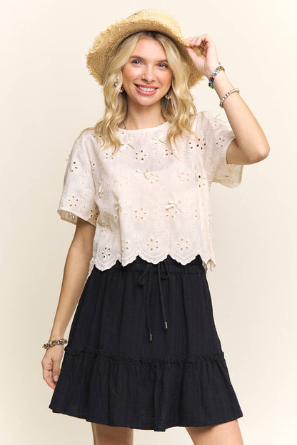 SHORT SLEEVE EYELET EMBROIDERED BLOUSE