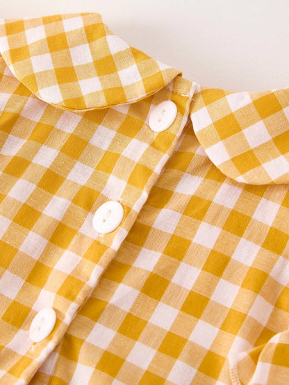 Autumn Thanksgiving Yellow Plaid Turkey Pumpkin Embroidery Smock Girl Dress