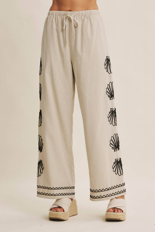 QUIET LUXURY COASTAL SEASHELL EMBROIDERED WIDE-LEG PANTS