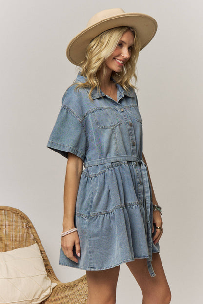 DENIM TIERED SHIRT DRESS WITH TIE WAIST