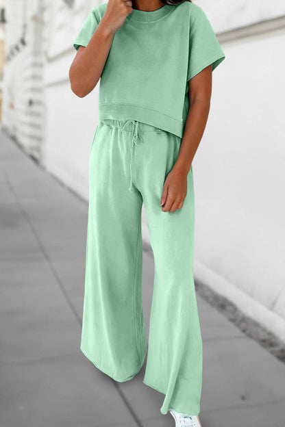 Green Soft Color Tee & Wide Leg Pants 2pcs Set