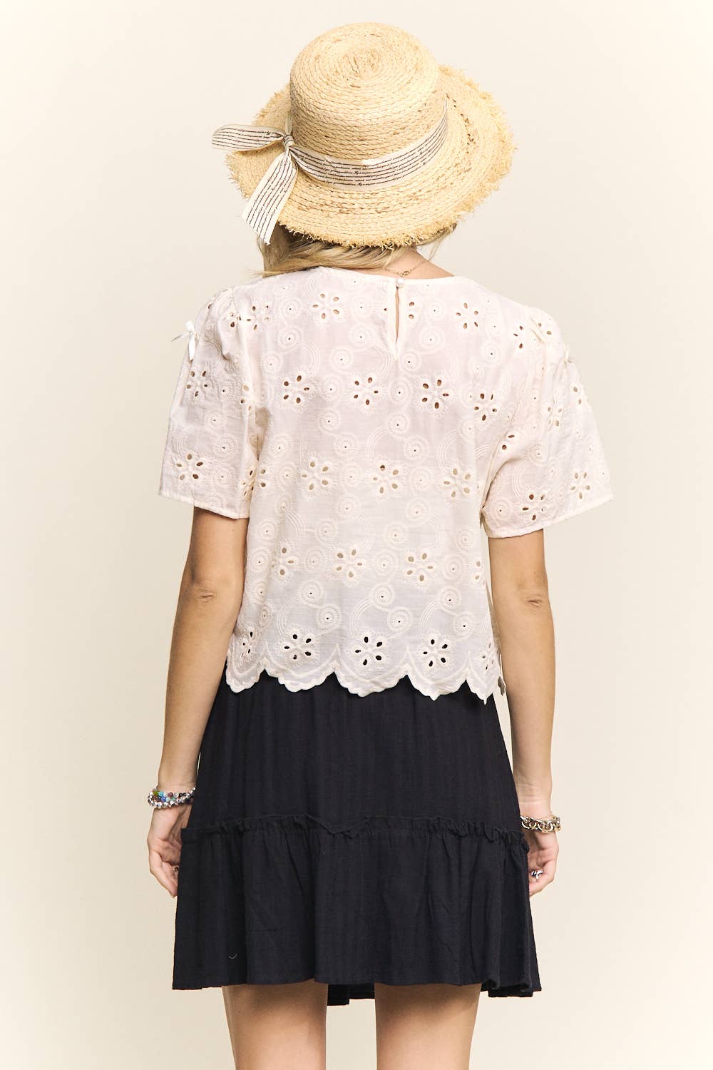 SHORT SLEEVE EYELET EMBROIDERED BLOUSE