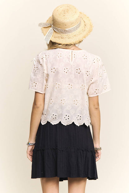 SHORT SLEEVE EYELET EMBROIDERED BLOUSE