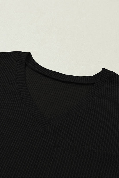 Women's Valerian Corded V Neck Chest Pocket Loose T-shirt