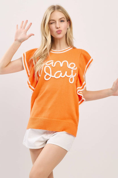 Ruffle Sleeve Varsity Gameday Knit Orange Top