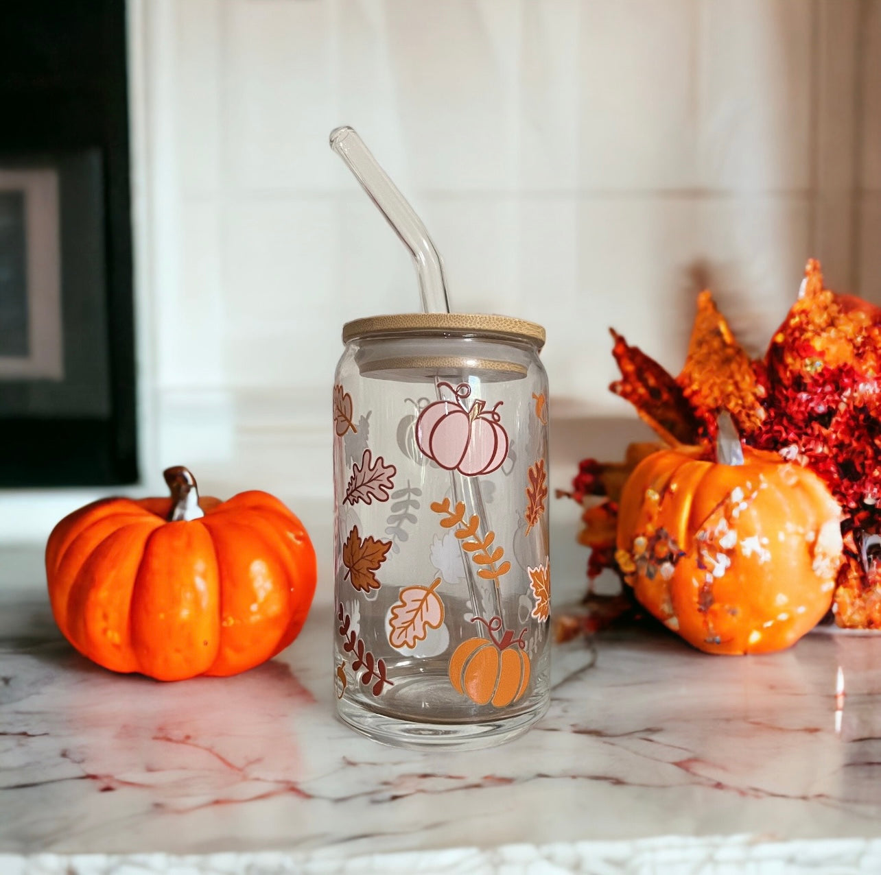 Fall Leaves and Pumpkin Glass Cup