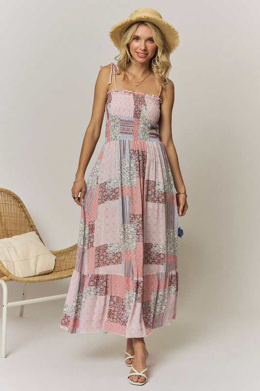 PATCHWORK PRINT SMOCKED MAXI DRESS