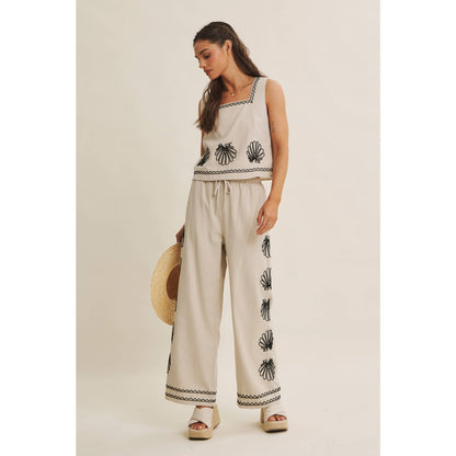 QUIET LUXURY COASTAL SEASHELL EMBROIDERED WIDE-LEG PANTS