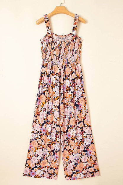 Floral Smocked High Waist Square Neck Jumpsuit