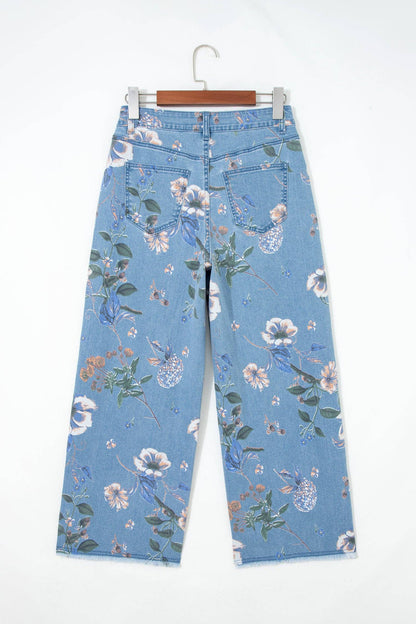 Retro Floral Print Frayed Hem Shift Jeans Boho Denim Pants