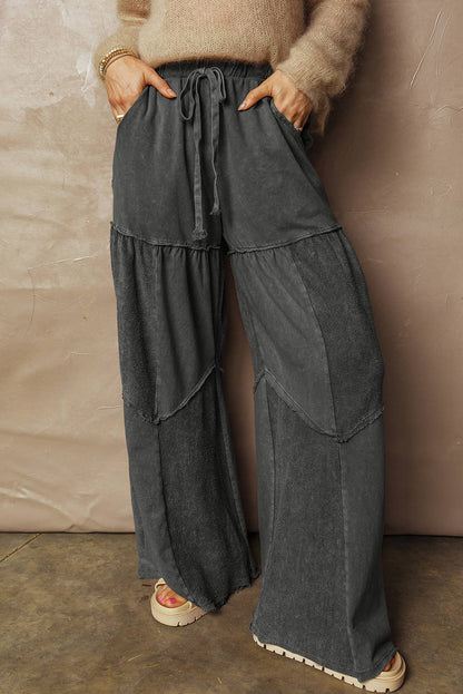 Mineral Wash Tiered Wide Leg Patch Drawstring Pants