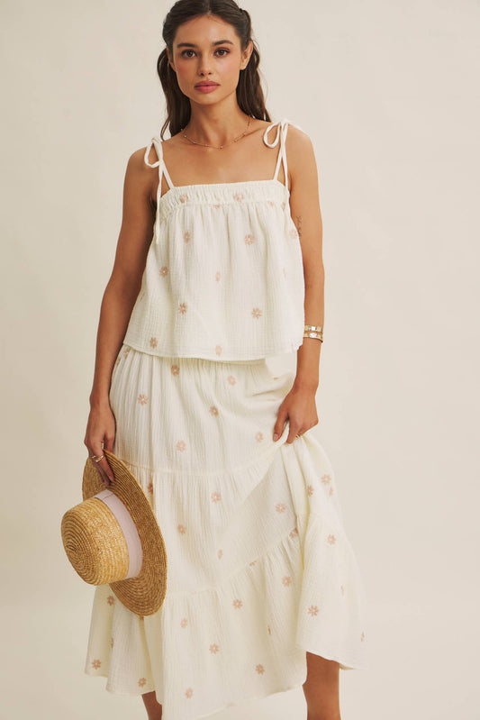 SUNSET FIELD EMBROIDERED COTTON GAUZE TANK WITH TIE STRAPS