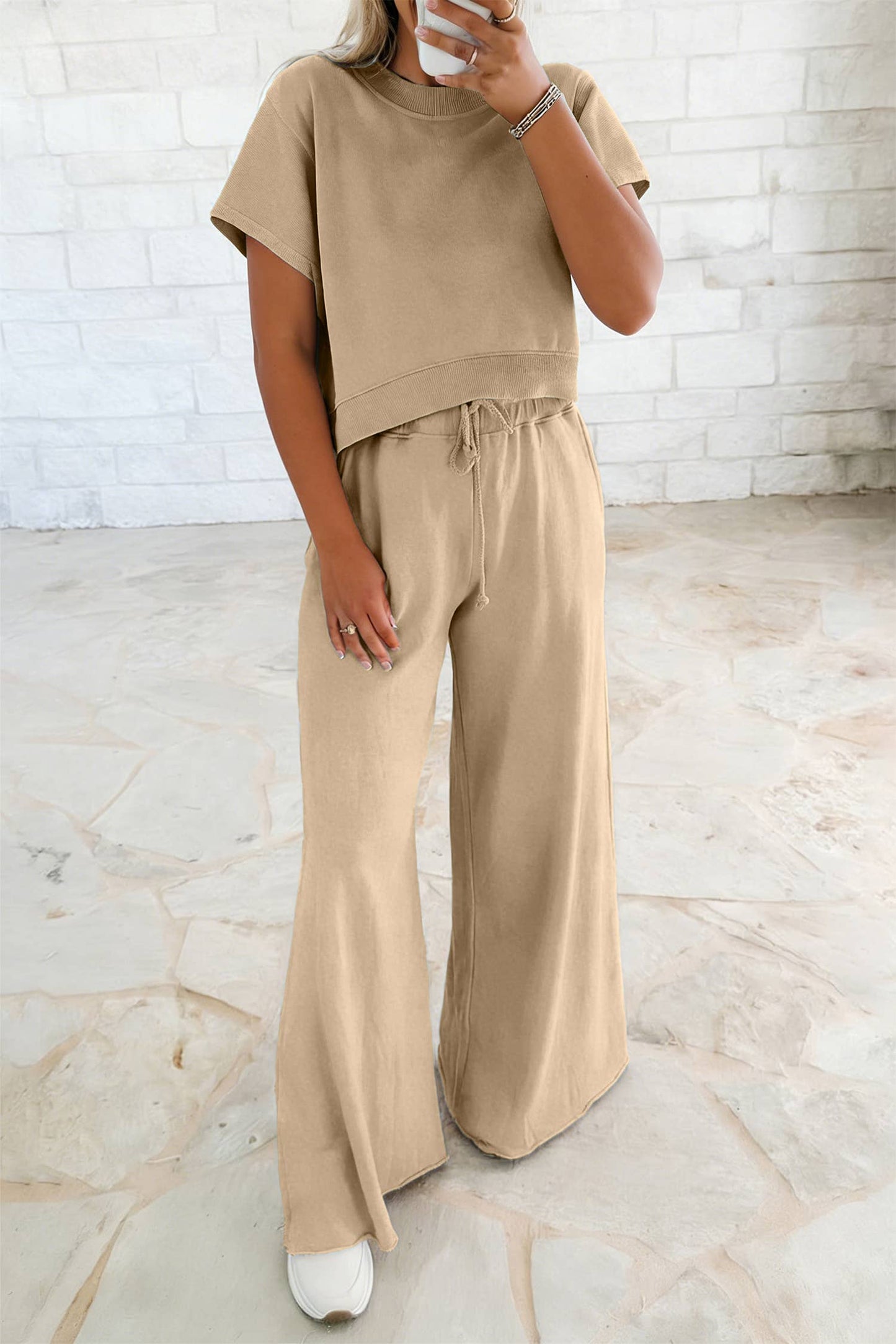 Khaki Soft Color Tee & Wide Leg Pants 2pcs Set