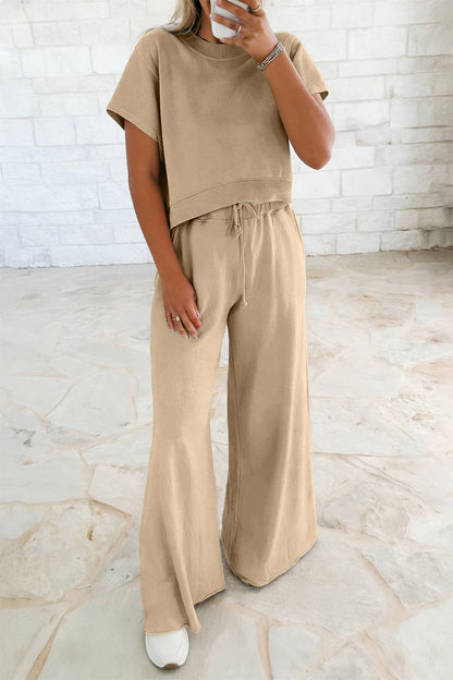 Khaki Soft Color Tee & Wide Leg Pants 2pcs Set