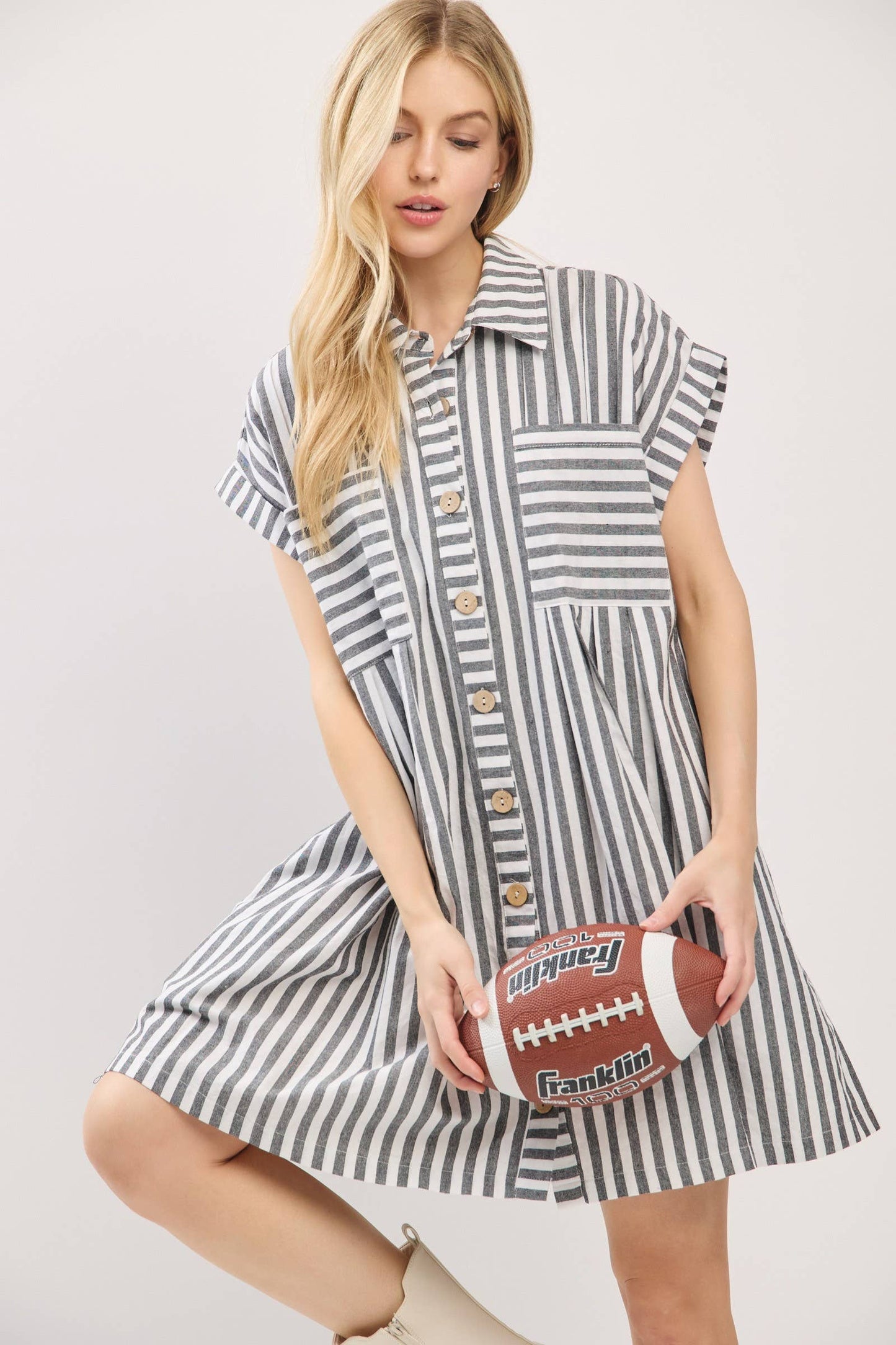 COTTON STRIPED BUTTON DOWN TUNIC DRESS