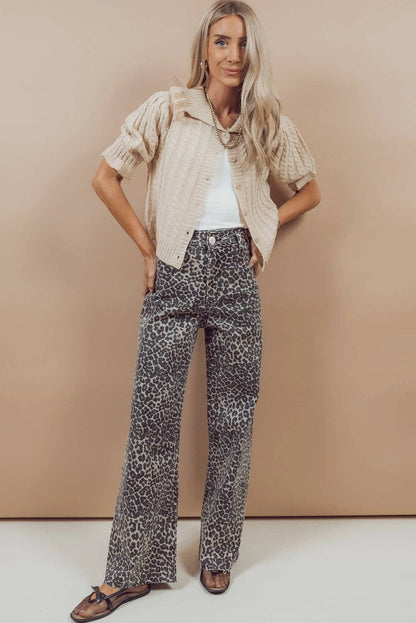 Black Leopard Print Wide Leg High Waist Jeans