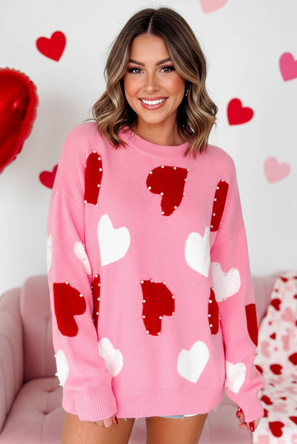 Pearl Embellished Heart Valentines Day Sweater | S-XL