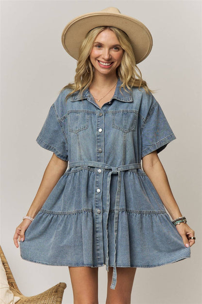DENIM TIERED SHIRT DRESS WITH TIE WAIST