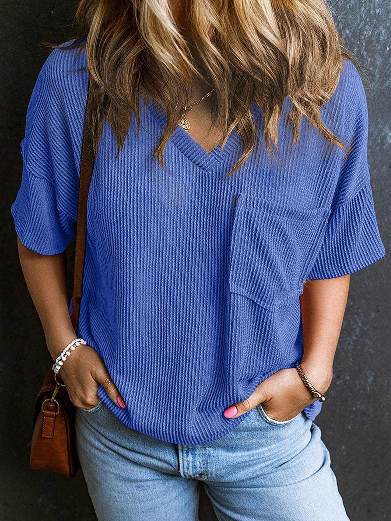 Women's Valerian Corded V Neck Chest Pocket Loose T-shirt