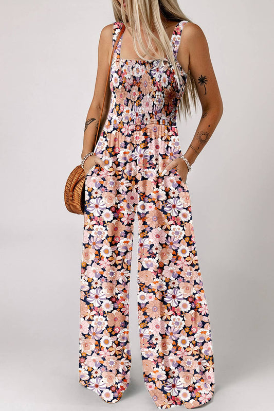 Floral Smocked High Waist Square Neck Jumpsuit