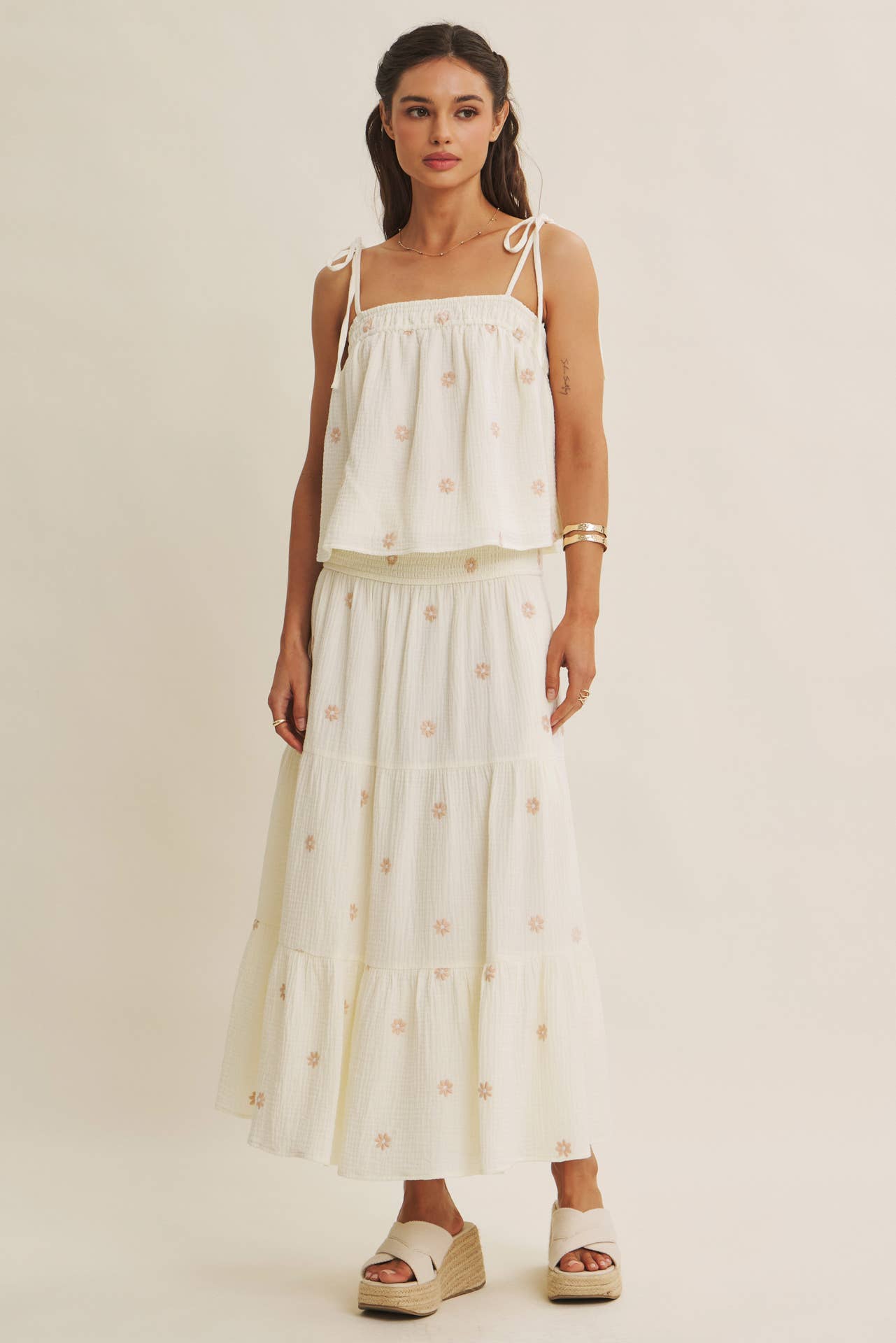 SUNSET FIELD EMBROIDERED COTTON GAUZE SMOCKED MIDI SKIRTS
