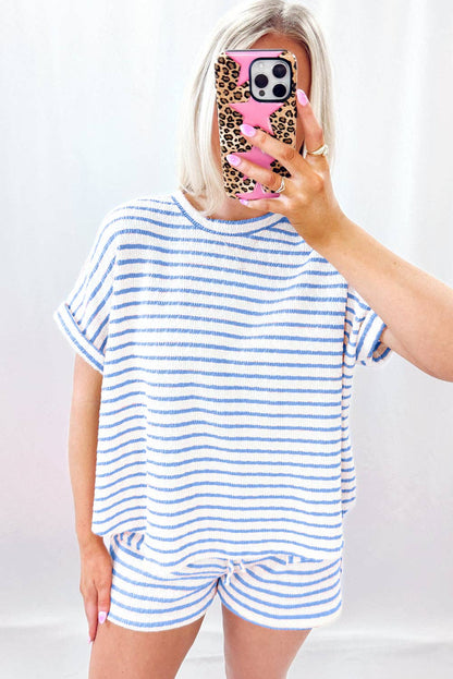 Blue Stripe Knitted Short Sleeve Top and Drawstring Shorts Set