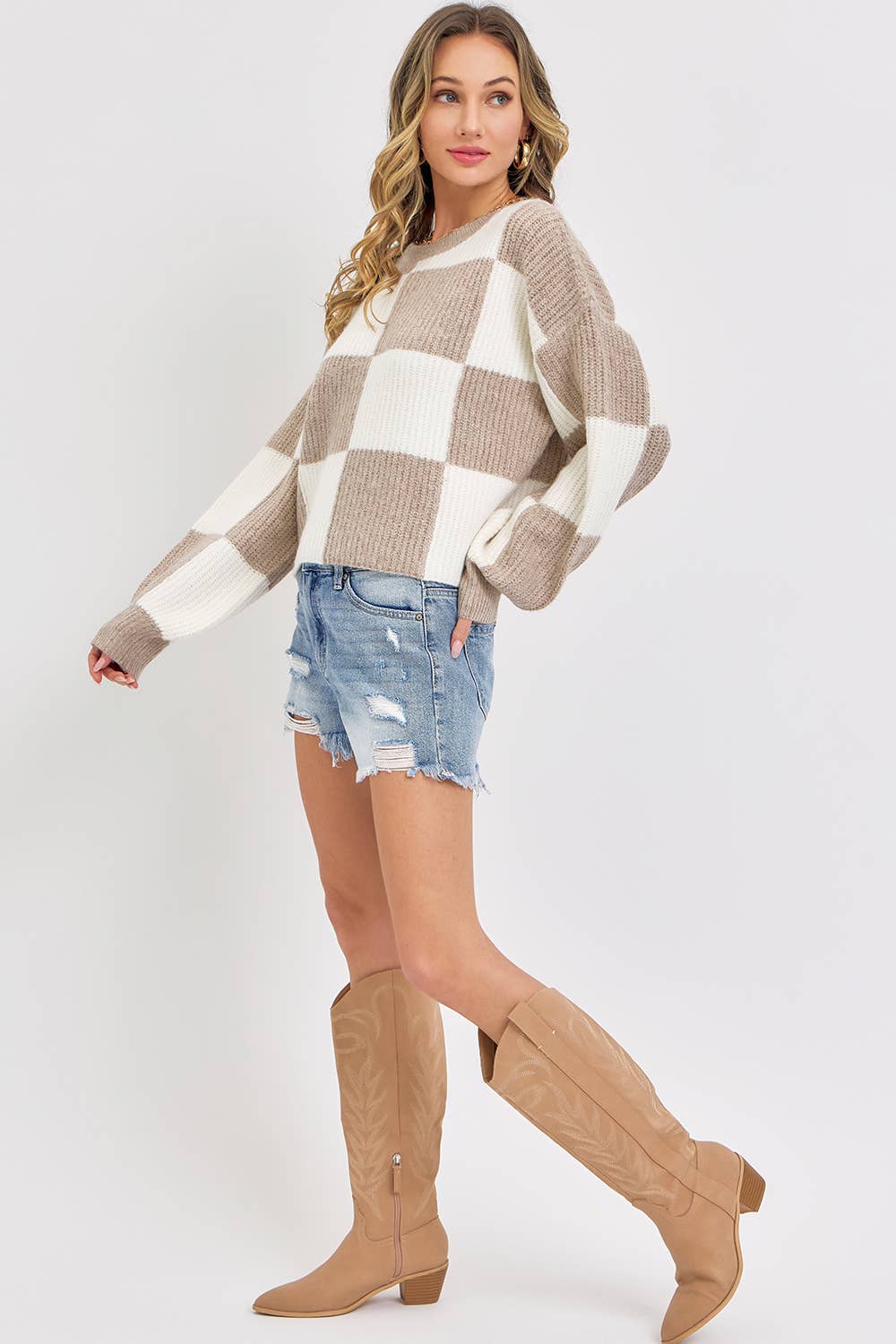 CASUAL SOFT COZY  RELAXED FIT CHECKER KNIT SWEATER