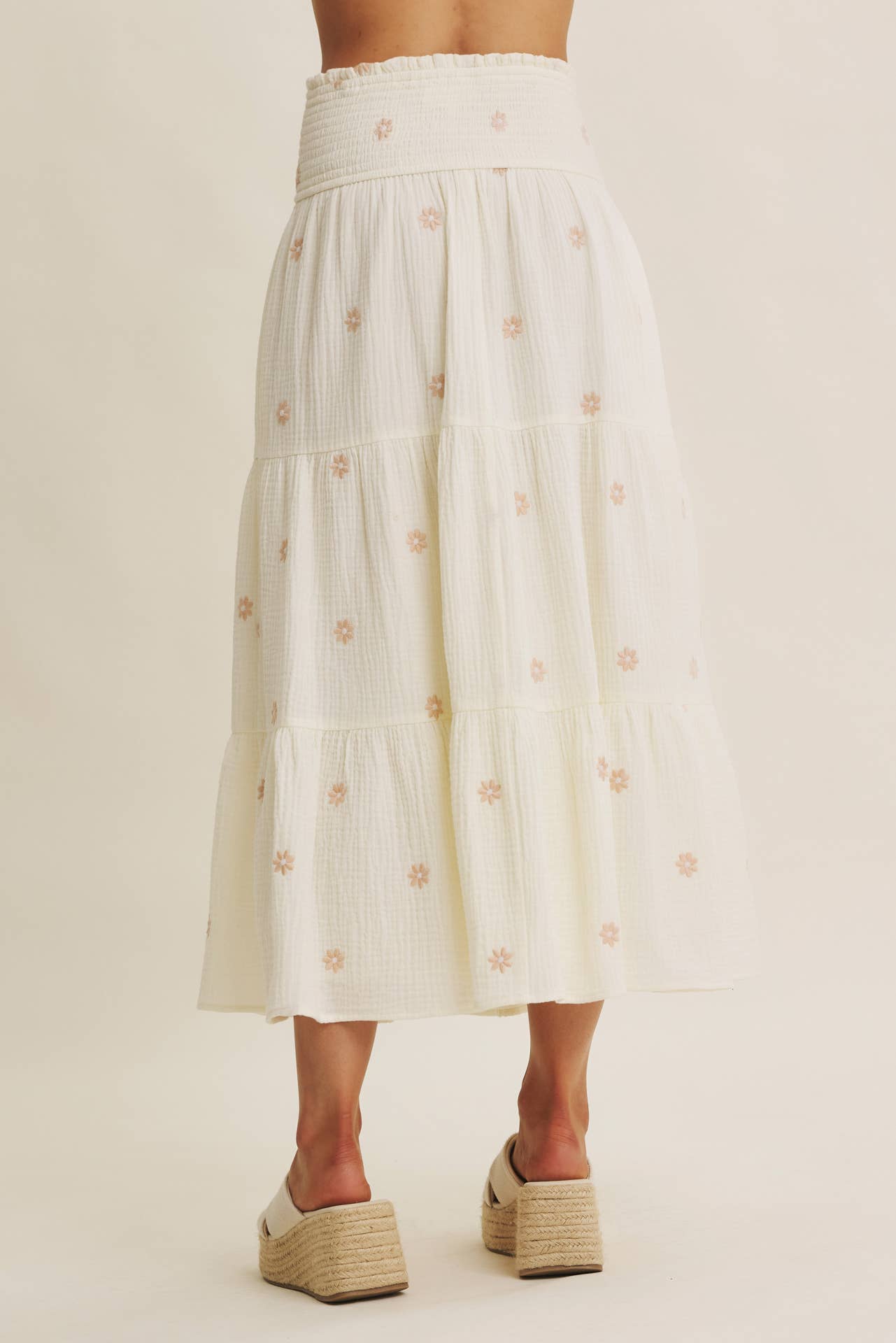 SUNSET FIELD EMBROIDERED COTTON GAUZE SMOCKED MIDI SKIRTS