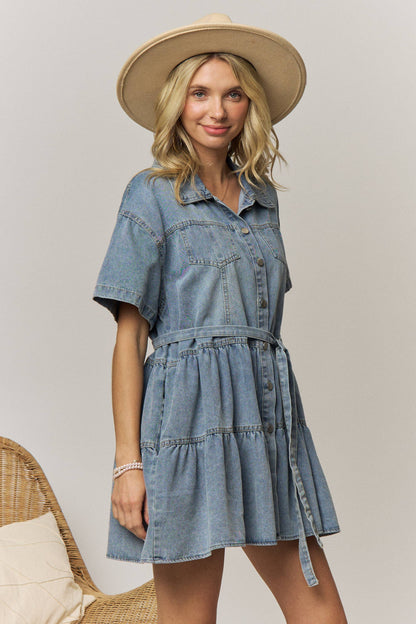 DENIM TIERED SHIRT DRESS WITH TIE WAIST