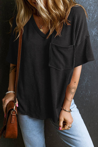 Women's Valerian Corded V Neck Chest Pocket Loose T-shirt