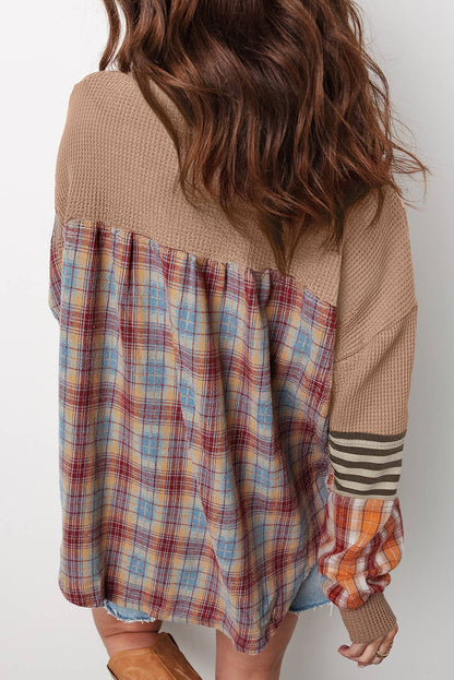 Sandy | Waffle Stripe Plaid Patchwork Knit Top