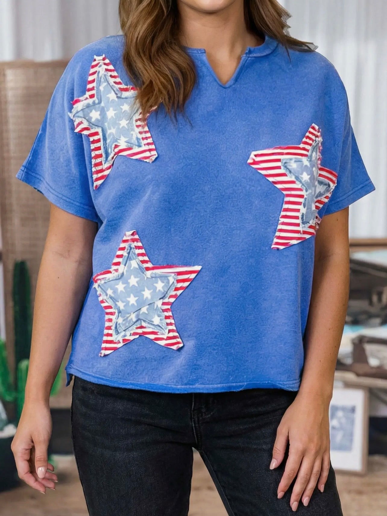Flag Day Mineral Washed Star Patch V Neck Tee